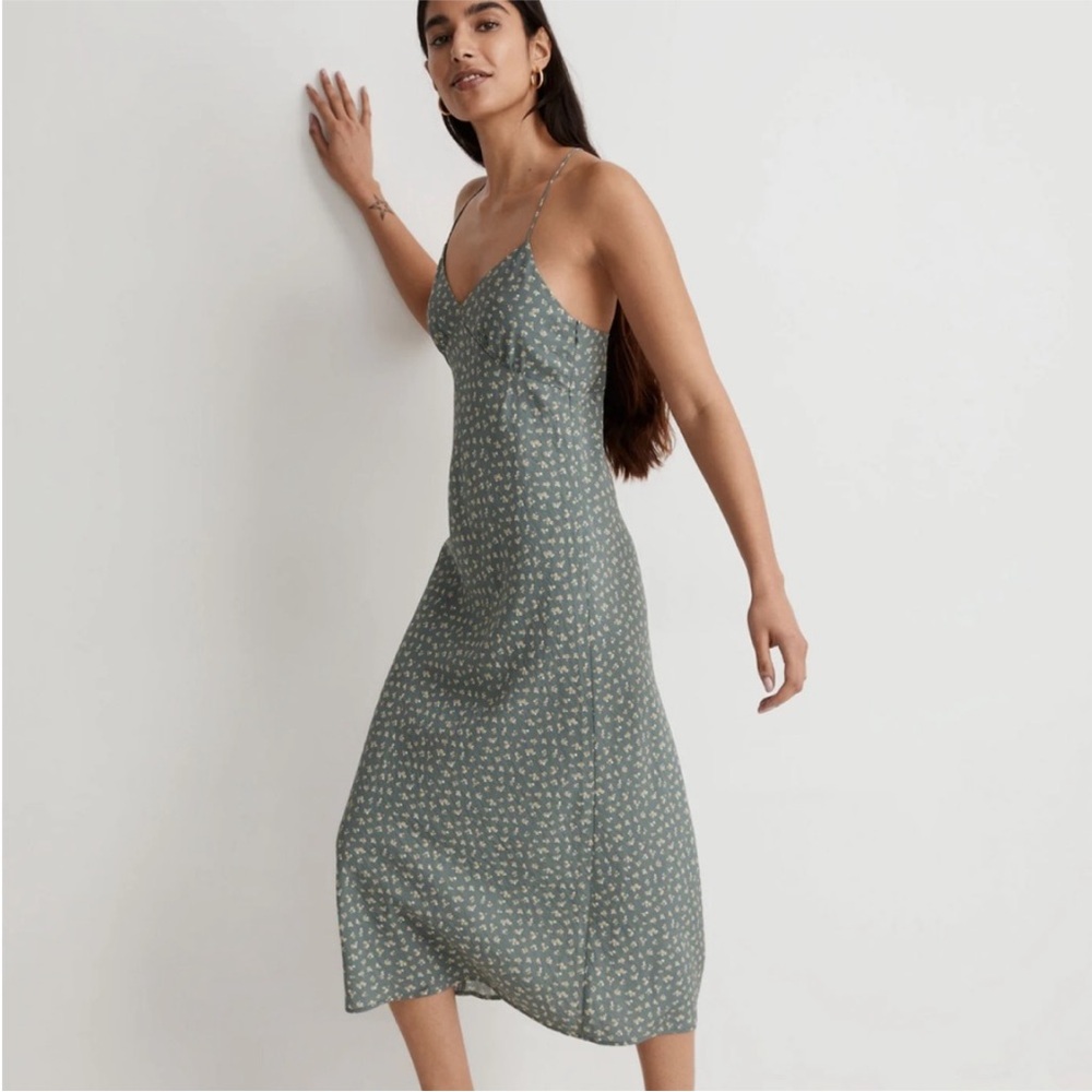 Madewell Ditsy Sage Green Floral Slip Midi Dress